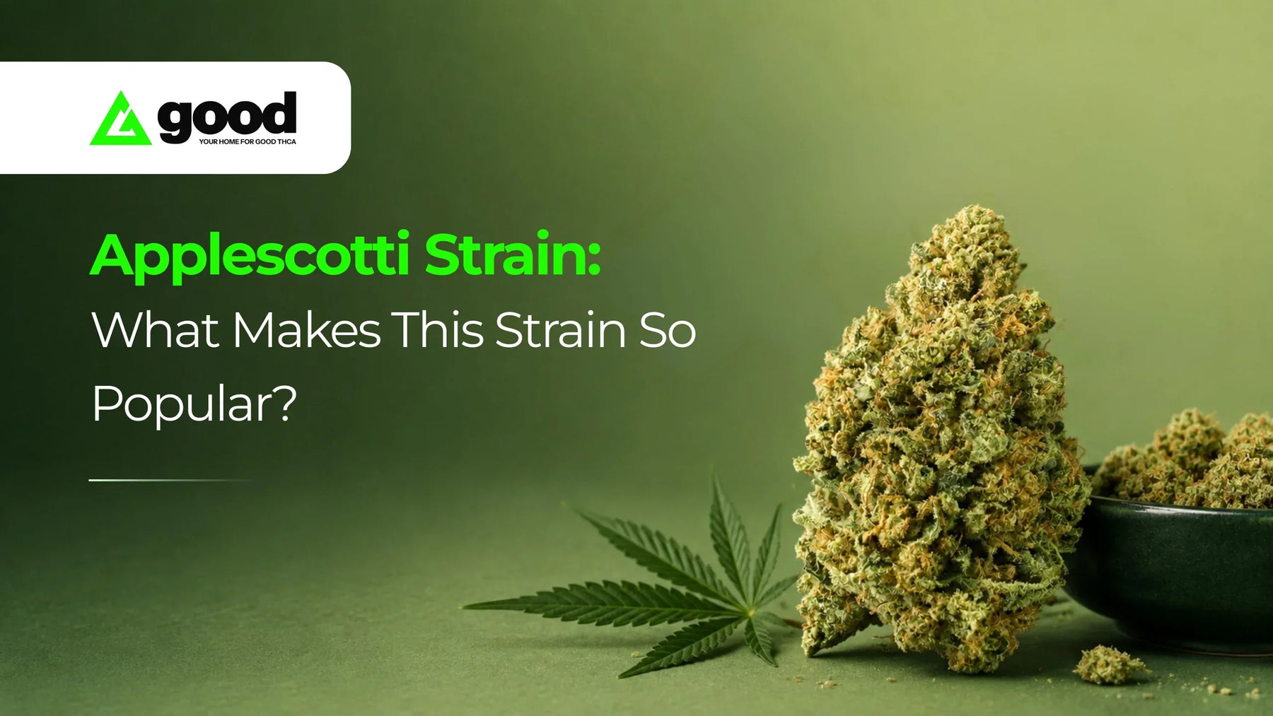 Applescotti strain cannabis flower with marijuana leaf and text about what makes the strain popular
